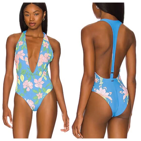 NEW Maaji Tiki One-Piece Swimsuit Blue Floral Halter Neck Deep Plunge Neck Large - Picture 3 of 9